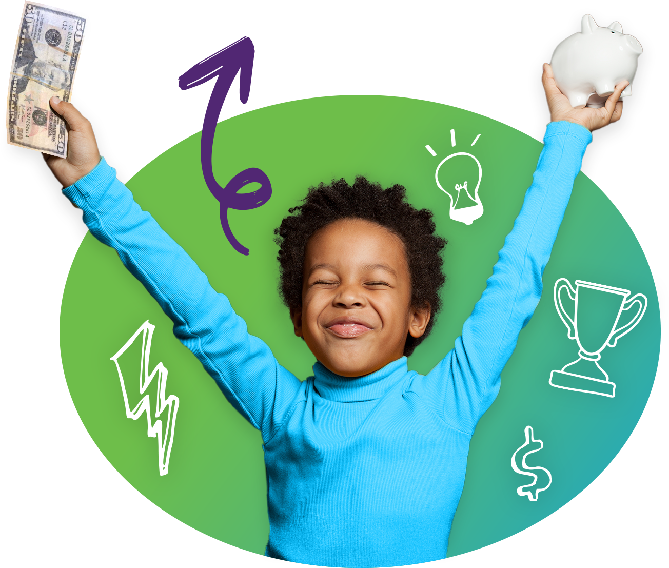 Little Boy holding $50 and a piggy bank triumphal with money related icons around him.