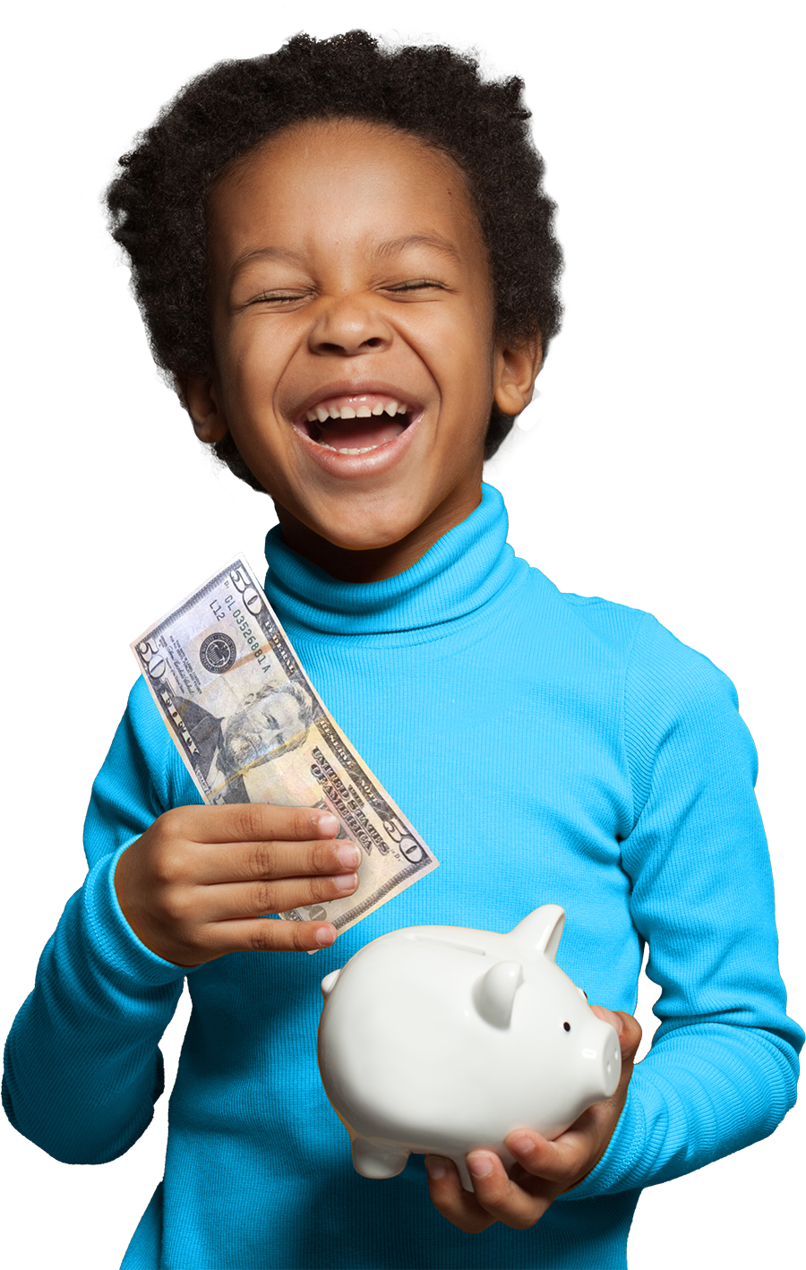 Boy Holding $50 and Piggy Bank